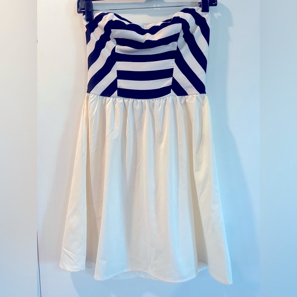 Pinkblush Strapless Dress with Striped Black and White Bodice